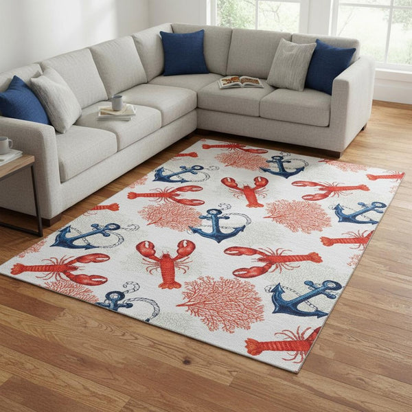 HomeRoots 9' X 12' Coastal Area Rug in Ivory, Red & Blue - Washable, UV Protected, Durable for Busy Homes 645378