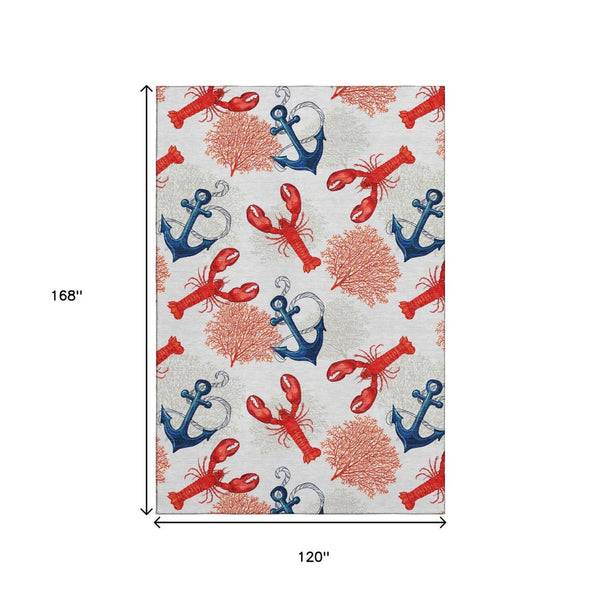 HomeRoots 10' Coastal Nautical Area Rug in Ivory, Red & Blue - Washable, Stain Resistant & UV Protected! 645379