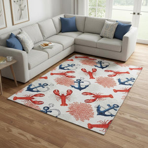 HomeRoots 10' Coastal Nautical Area Rug in Ivory, Red & Blue - Washable, Stain Resistant & UV Protected! 645379