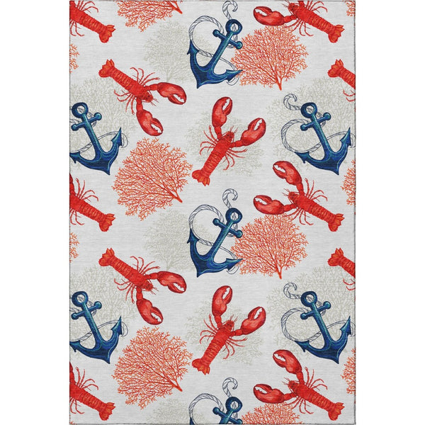 HomeRoots 10' Coastal Nautical Area Rug in Ivory, Red & Blue - Washable, Stain Resistant & UV Protected! 645379