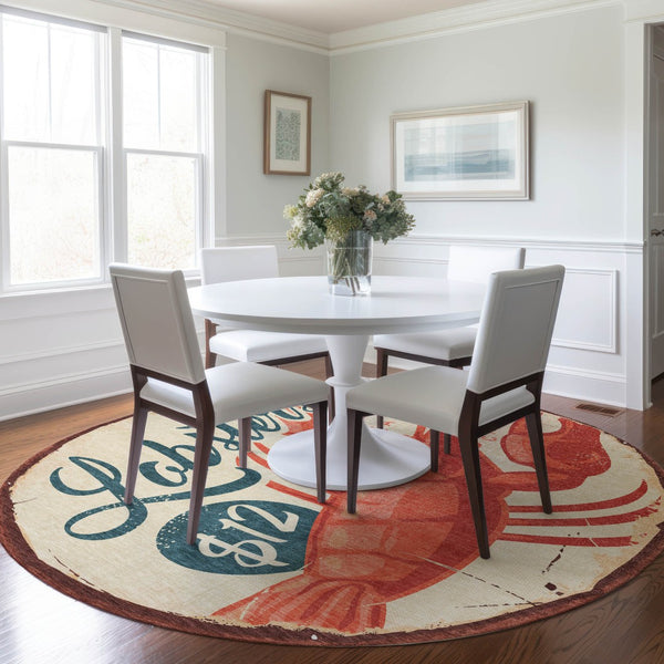 HomeRoots 8' Beige Salmon and Brown Nautical Round Rug – Washable, UV Protected, and Stain-Resistant Comfort 645382