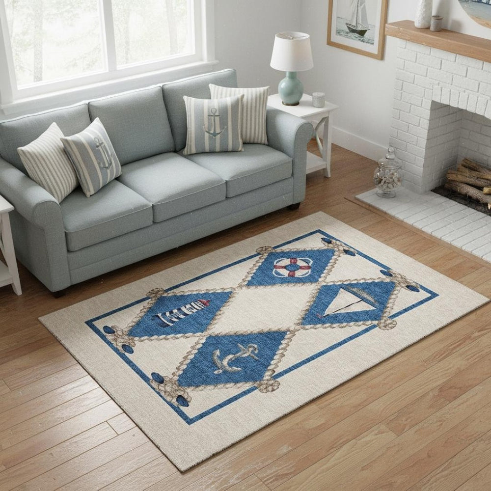 HomeRoots 5' X 8' Nautical Area Rug in Ivory, Blue & Red - Washable, UV Protected, Perfect for High-Traffic Spaces 645387