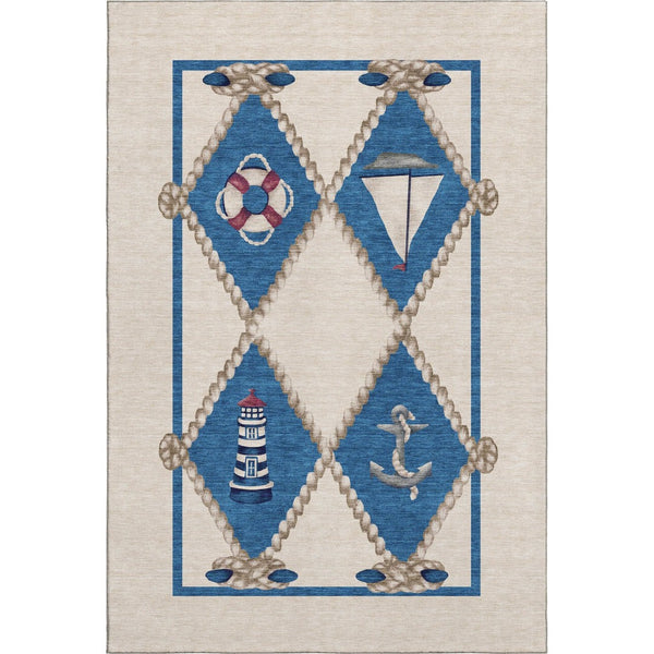 HomeRoots 5' X 8' Nautical Area Rug in Ivory, Blue & Red - Washable, UV Protected, Perfect for High-Traffic Spaces 645387