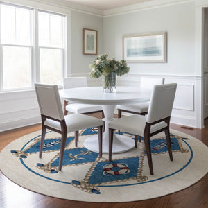 HomeRoots 8' Nautical Round Rug in Ivory, Blue & Red - Washable, UV-Protected, Durable & Stylish Home Decor 645388