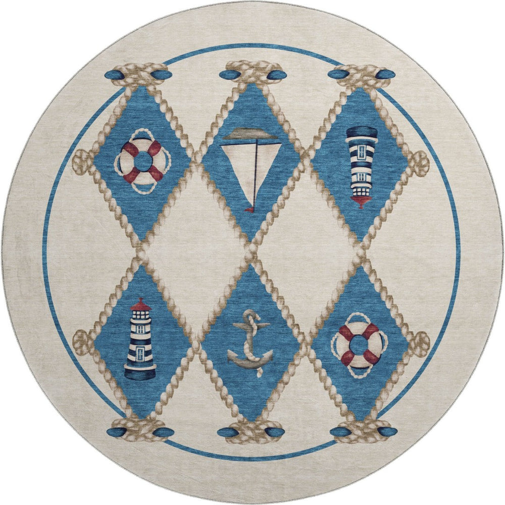 HomeRoots 8' Nautical Round Rug in Ivory, Blue & Red - Washable, UV-Protected, Durable & Stylish Home Decor 645388
