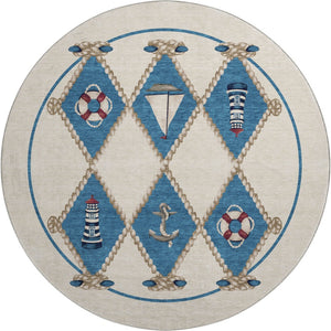 HomeRoots 8' Nautical Round Rug in Ivory, Blue & Red - Washable, UV-Protected, Durable & Stylish Home Decor 645388
