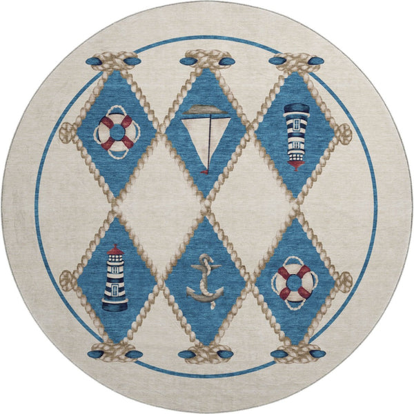 HomeRoots 8' Nautical Round Rug in Ivory, Blue & Red - Washable, UV-Protected, Durable & Stylish Home Decor 645388