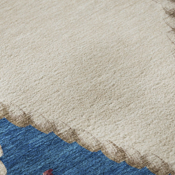 HomeRoots 8' Nautical Round Rug in Ivory, Blue & Red - Washable, UV-Protected, Durable & Stylish Home Decor 645388