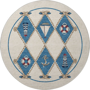 HomeRoots 8' Nautical Round Rug in Ivory, Blue & Red - Washable, UV-Protected, Durable & Stylish Home Decor 645388