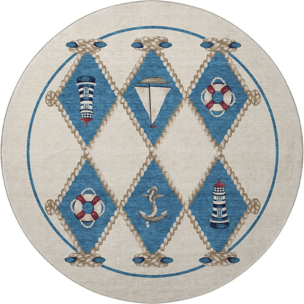 HomeRoots 8' Nautical Round Rug in Ivory, Blue & Red - Washable, UV-Protected, Durable & Stylish Home Decor 645388