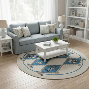 HomeRoots 8' Nautical Round Rug in Ivory, Blue & Red - Washable, UV-Protected, Durable & Stylish Home Decor 645388