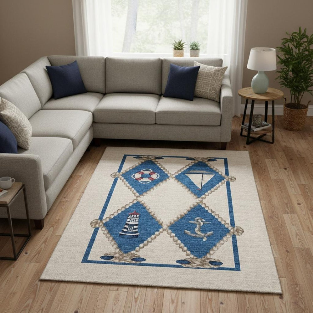 HomeRoots 8' X 10' Coastal-Inspired Ivory, Blue & Red Nautical Area Rug – Washable, UV Protected & Stain Resistant 645389