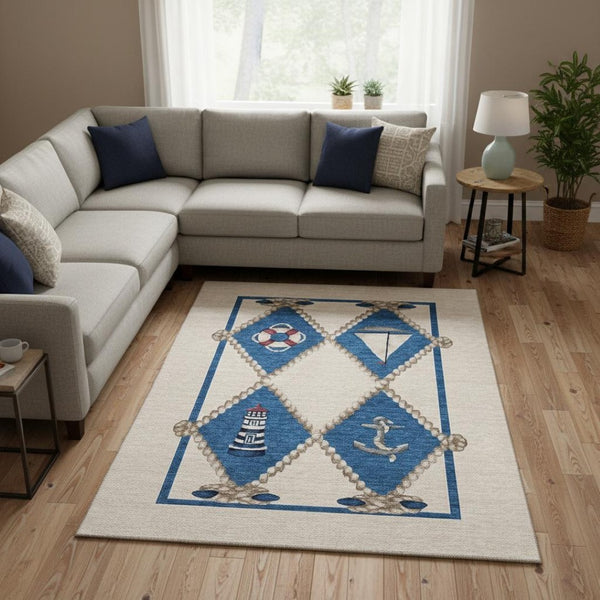 HomeRoots 8' X 10' Coastal-Inspired Ivory, Blue & Red Nautical Area Rug – Washable, UV Protected & Stain Resistant 645389