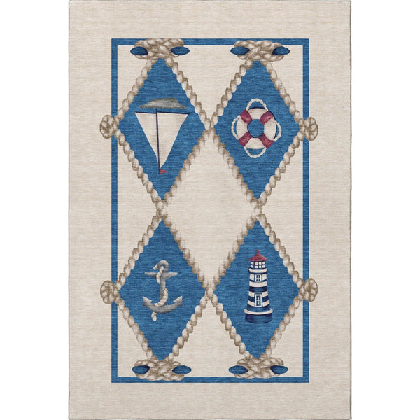 HomeRoots 8' X 10' Coastal-Inspired Ivory, Blue & Red Nautical Area Rug – Washable, UV Protected & Stain Resistant 645389