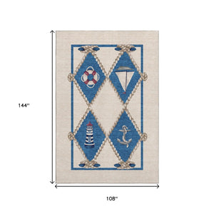 HomeRoots 9' X 12' Coastal Nautical Area Rug in Ivory, Blue & Red - Washable, UV-Protected, Durable Design 645390