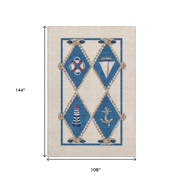 HomeRoots 9' X 12' Coastal Nautical Area Rug in Ivory, Blue & Red - Washable, UV-Protected, Durable Design 645390