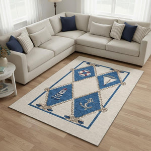 HomeRoots 9' X 12' Coastal Nautical Area Rug in Ivory, Blue & Red - Washable, UV-Protected, Durable Design 645390