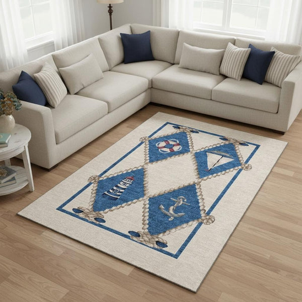 HomeRoots 9' X 12' Coastal Nautical Area Rug in Ivory, Blue & Red - Washable, UV-Protected, Durable Design 645390