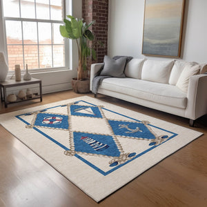 HomeRoots 9' X 12' Coastal Nautical Area Rug in Ivory, Blue & Red - Washable, UV-Protected, Durable Design 645390