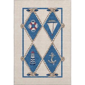 HomeRoots 9' X 12' Coastal Nautical Area Rug in Ivory, Blue & Red - Washable, UV-Protected, Durable Design 645390