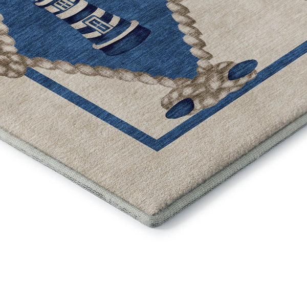 HomeRoots 9' X 12' Coastal Nautical Area Rug in Ivory, Blue & Red - Washable, UV-Protected, Durable Design 645390
