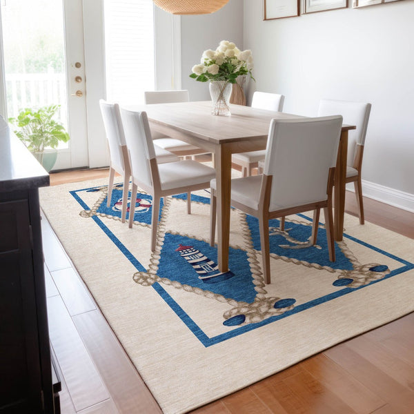 HomeRoots 9' X 12' Coastal Nautical Area Rug in Ivory, Blue & Red - Washable, UV-Protected, Durable Design 645390