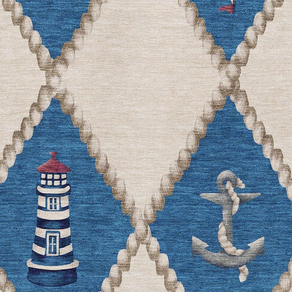 HomeRoots 9' X 12' Coastal Nautical Area Rug in Ivory, Blue & Red - Washable, UV-Protected, Durable Design 645390