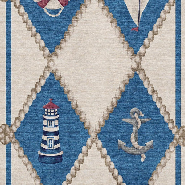HomeRoots 9' X 12' Coastal Nautical Area Rug in Ivory, Blue & Red - Washable, UV-Protected, Durable Design 645390