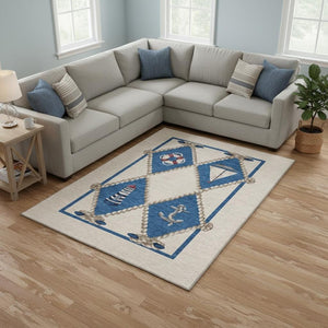 HomeRoots 10' X 14' Nautical Area Rug in Ivory, Blue & Red - Washable, UV-Protected, Pet-Friendly Design 645391