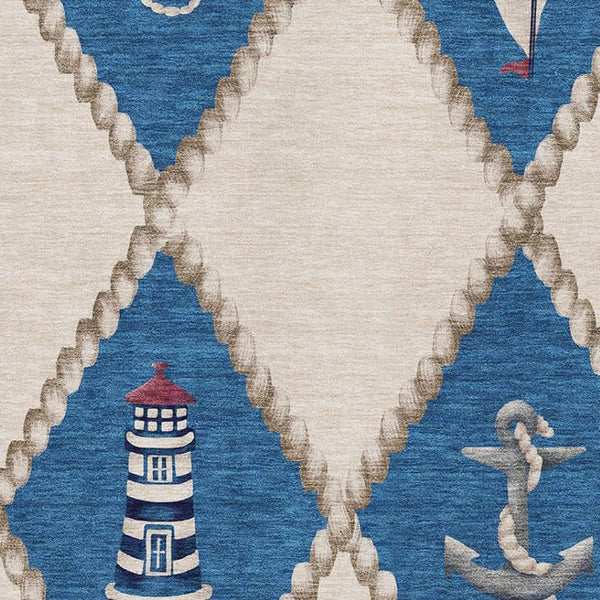 HomeRoots 10' X 14' Nautical Area Rug in Ivory, Blue & Red - Washable, UV-Protected, Pet-Friendly Design 645391