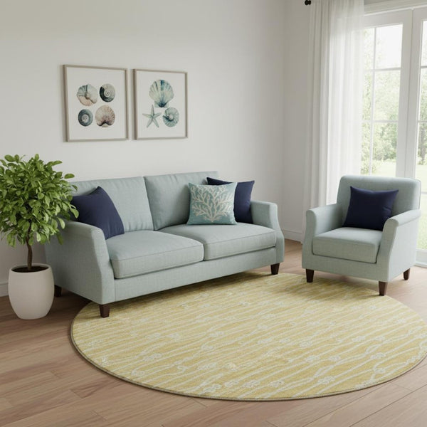 HomeRoots 8' Gold and Ivory Nautical Washable Round Rug - UV Protected, Stain-Resistant, Soft Coastal Charm 645394