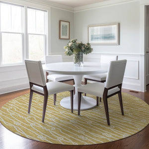 HomeRoots 8' Gold and Ivory Nautical Washable Round Rug - UV Protected, Stain-Resistant, Soft Coastal Charm 645394