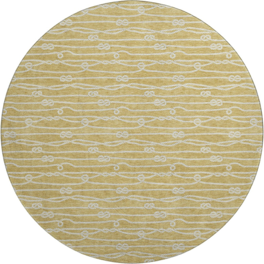 HomeRoots 8' Gold and Ivory Nautical Washable Round Rug - UV Protected, Stain-Resistant, Soft Coastal Charm 645394