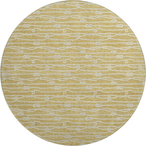 HomeRoots 8' Gold and Ivory Nautical Washable Round Rug - UV Protected, Stain-Resistant, Soft Coastal Charm 645394