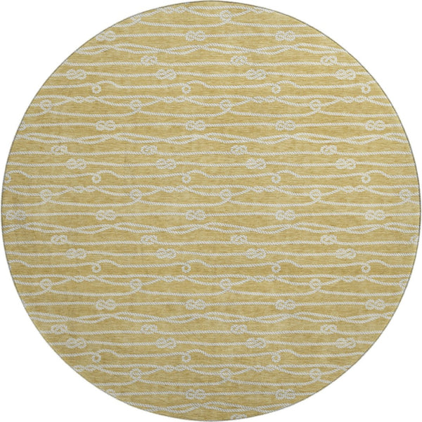 HomeRoots 8' Gold and Ivory Nautical Washable Round Rug - UV Protected, Stain-Resistant, Soft Coastal Charm 645394