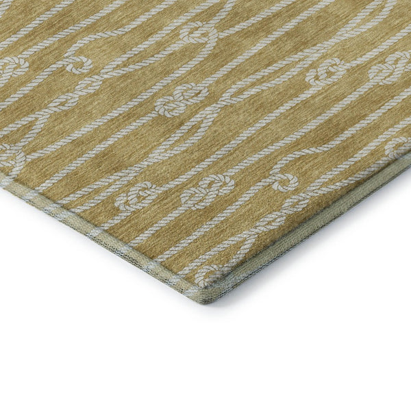 HomeRoots 8' Gold and Ivory Nautical Washable Round Rug - UV Protected, Stain-Resistant, Soft Coastal Charm 645394