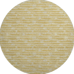HomeRoots 8' Gold and Ivory Nautical Washable Round Rug - UV Protected, Stain-Resistant, Soft Coastal Charm 645394