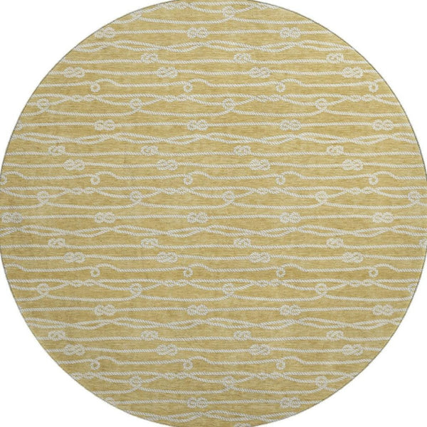 HomeRoots 8' Gold and Ivory Nautical Washable Round Rug - UV Protected, Stain-Resistant, Soft Coastal Charm 645394