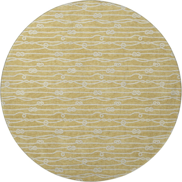 HomeRoots 8' Gold and Ivory Nautical Washable Round Rug - UV Protected, Stain-Resistant, Soft Coastal Charm 645394
