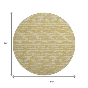 HomeRoots 8' Gold and Ivory Nautical Washable Round Rug - UV Protected, Stain-Resistant, Soft Coastal Charm 645394