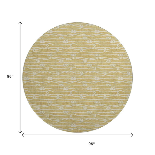HomeRoots 8' Gold and Ivory Nautical Washable Round Rug - UV Protected, Stain-Resistant, Soft Coastal Charm 645394