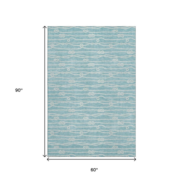 HomeRoots 5' X 8' Teal Blue Nautical Area Rug - Washable, Stain-Resistant, UV Protected for High-Traffic Spaces 645399