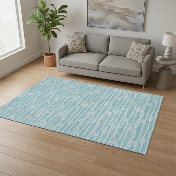 HomeRoots 5' X 8' Teal Blue Nautical Area Rug - Washable, Stain-Resistant, UV Protected for High-Traffic Spaces 645399