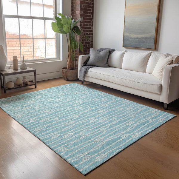 HomeRoots 5' X 8' Teal Blue Nautical Area Rug - Washable, Stain-Resistant, UV Protected for High-Traffic Spaces 645399