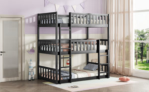 English Elm Twin Triple Rubberwood Bunk Bed with Ladders & Guardrails, Space-Saving Modular Design for Families Black W504S00173