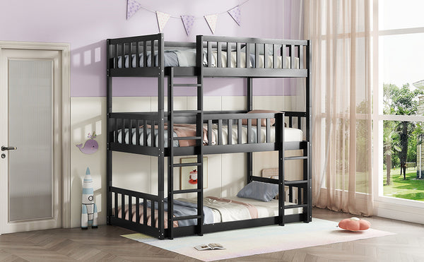 English Elm Twin Triple Rubberwood Bunk Bed with Ladders & Guardrails, Space-Saving Modular Design for Families Black W504S00173