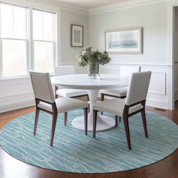 HomeRoots 8' Teal Blue Round Rug - Nautical, Washable, UV Protected, Durable & Stain Resistant for Coastal Charm 645400