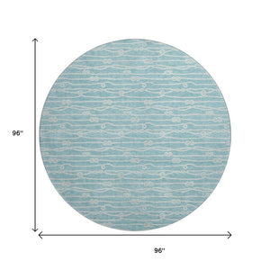 HomeRoots 8' Teal Blue Round Rug - Nautical, Washable, UV Protected, Durable & Stain Resistant for Coastal Charm 645400