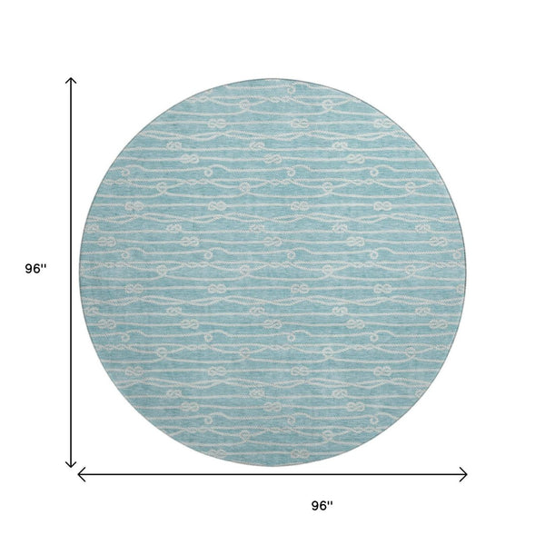 HomeRoots 8' Teal Blue Round Rug - Nautical, Washable, UV Protected, Durable & Stain Resistant for Coastal Charm 645400