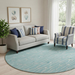 HomeRoots 8' Teal Blue Round Rug - Nautical, Washable, UV Protected, Durable & Stain Resistant for Coastal Charm 645400